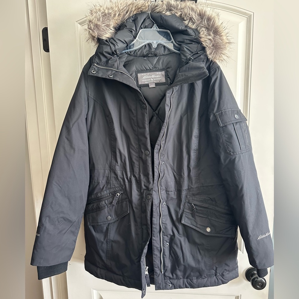 Eddie Bauer Black down coat with Faux Fur Trim